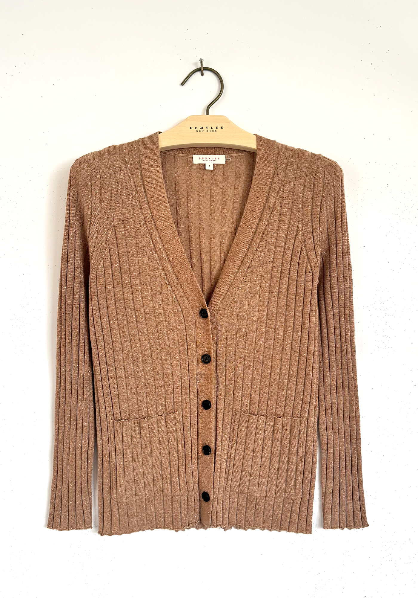 V-neck Lurex Ribbed Cardigan - Clay