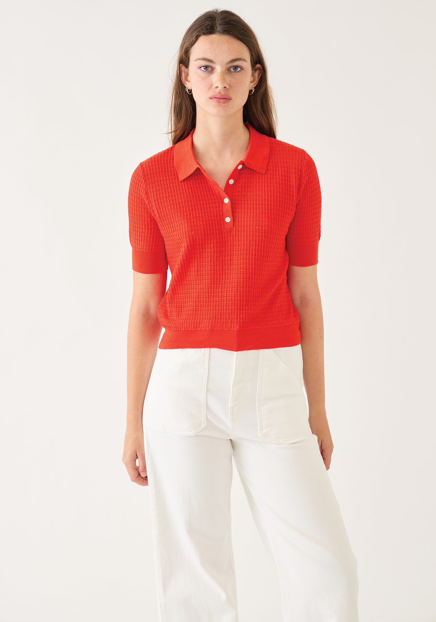 Celia Waffle Pointelle Cotton Polo Top