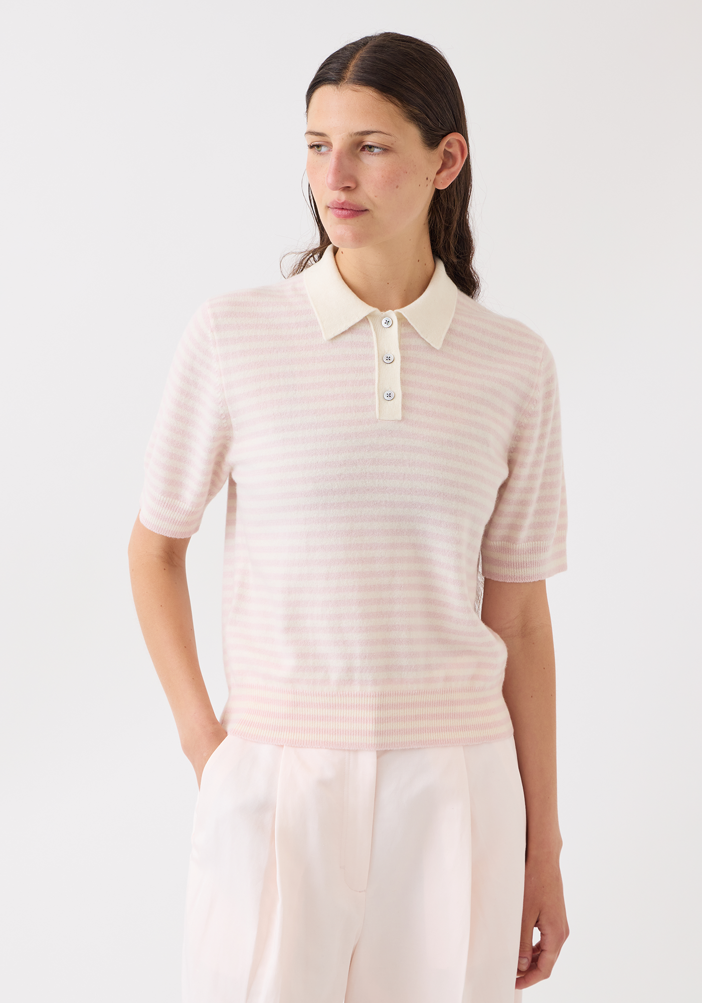 Amelia Stripe Cashmere Polo Top