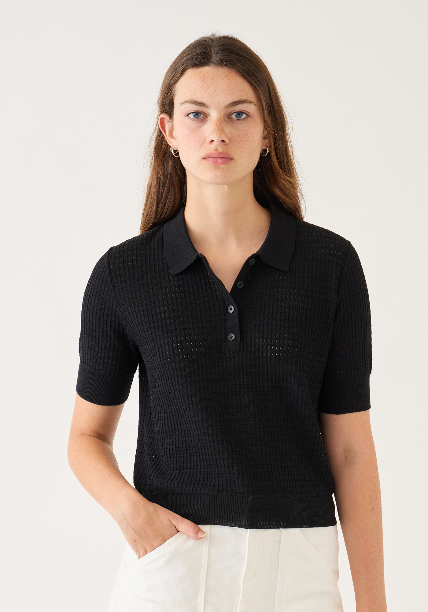 Celia Waffle Pointelle Cotton Polo Top