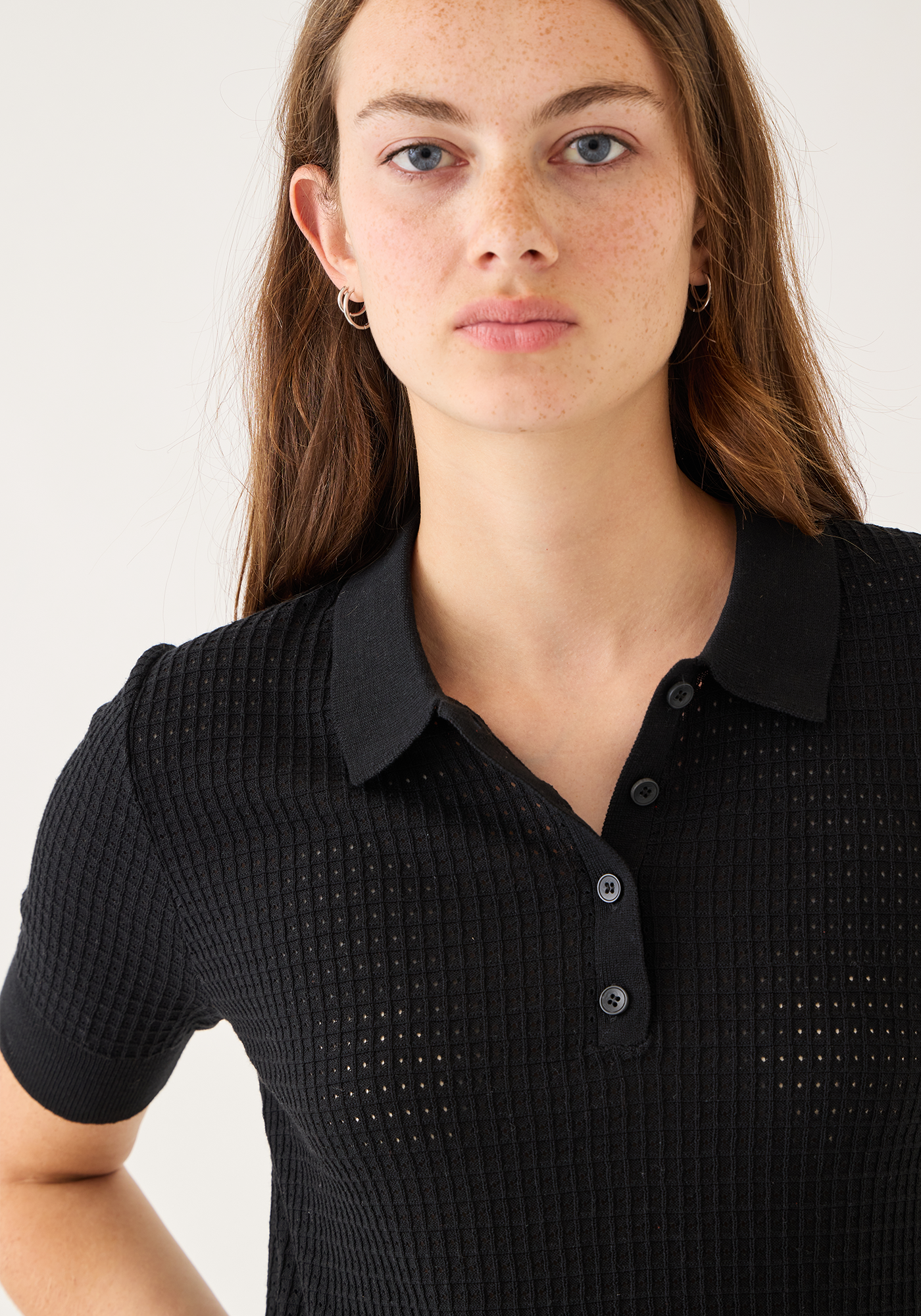Celia Waffle Pointelle Cotton Polo Top