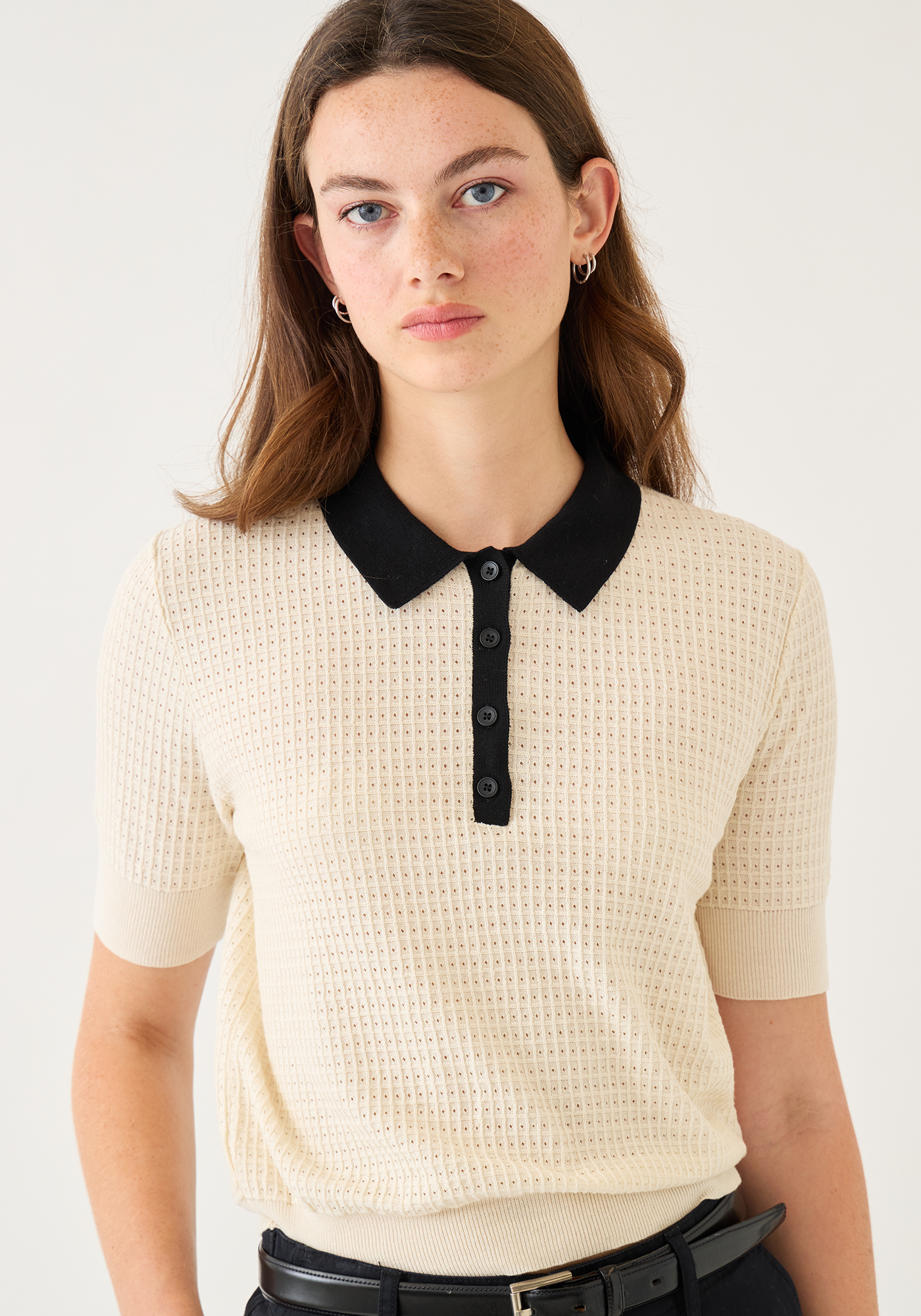 Celia Waffle Pointelle Cotton Polo Top