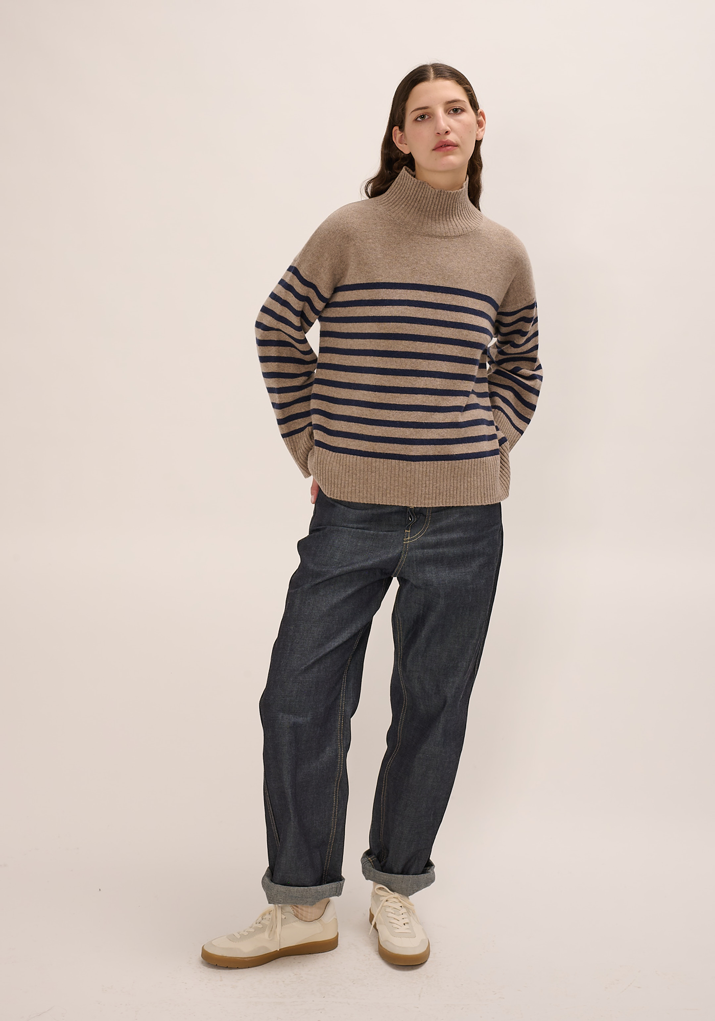 Paige Stripe Lambswool Sweater - Heather Brown / Navy