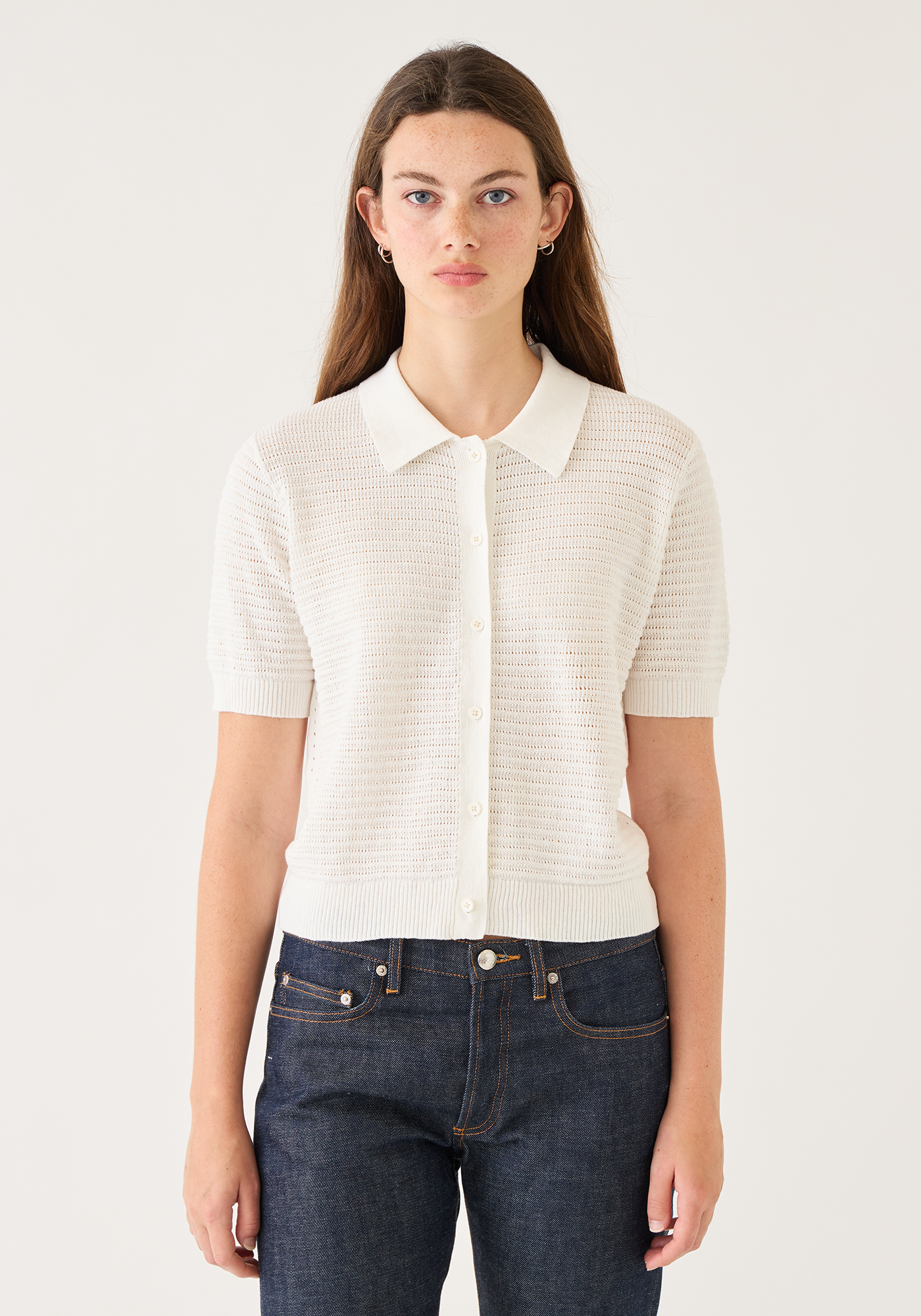 Rachel Pointelle Rib Cotton Polo Top
