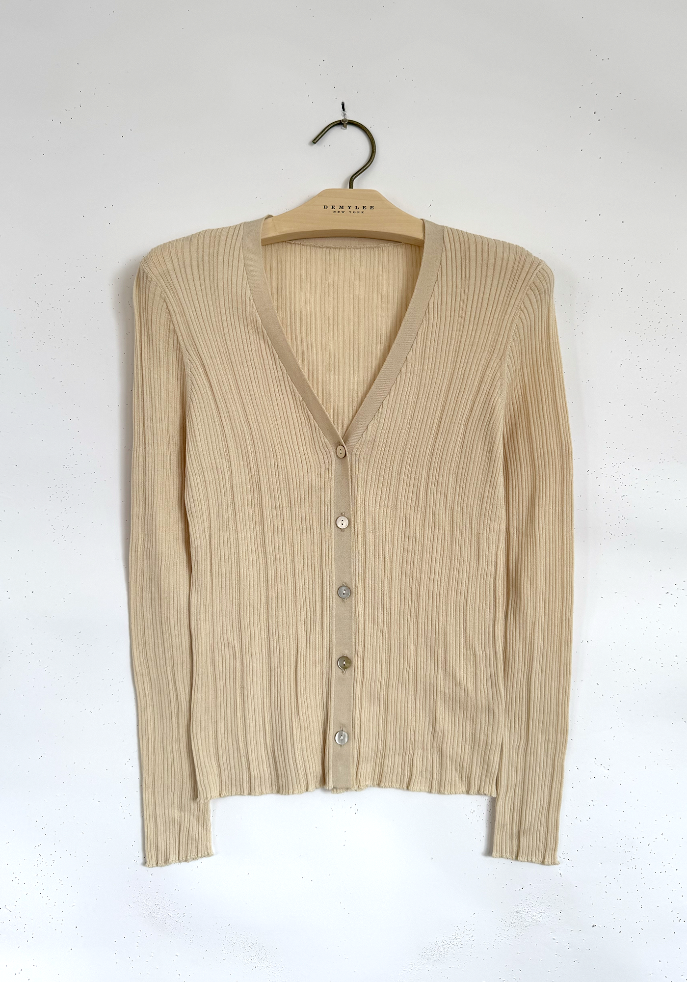 V-neck Fine Ribbed Cardigan- Antique White