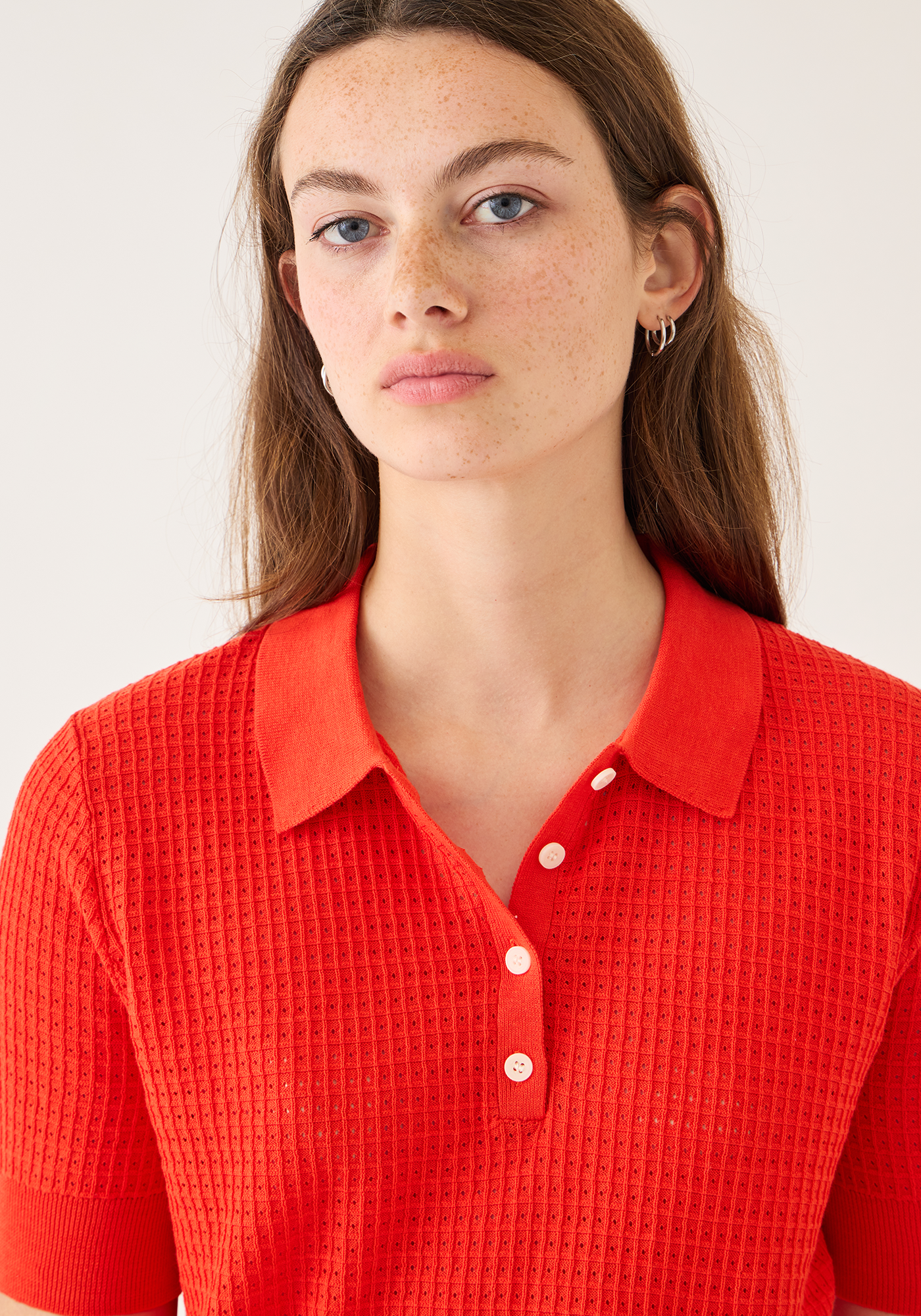 Celia Waffle Pointelle Cotton Polo Top