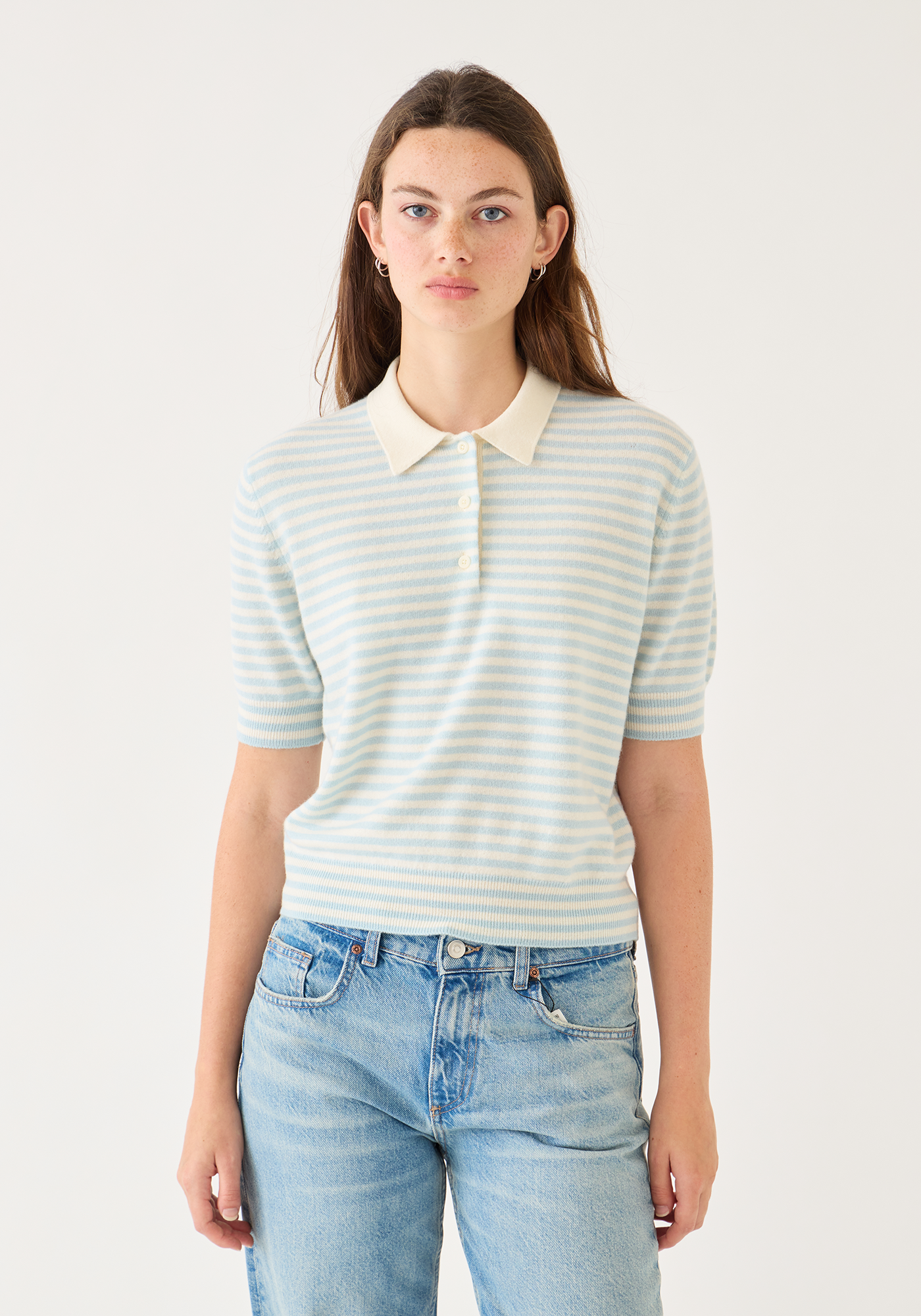 Amelia Stripe Cashmere Polo Top