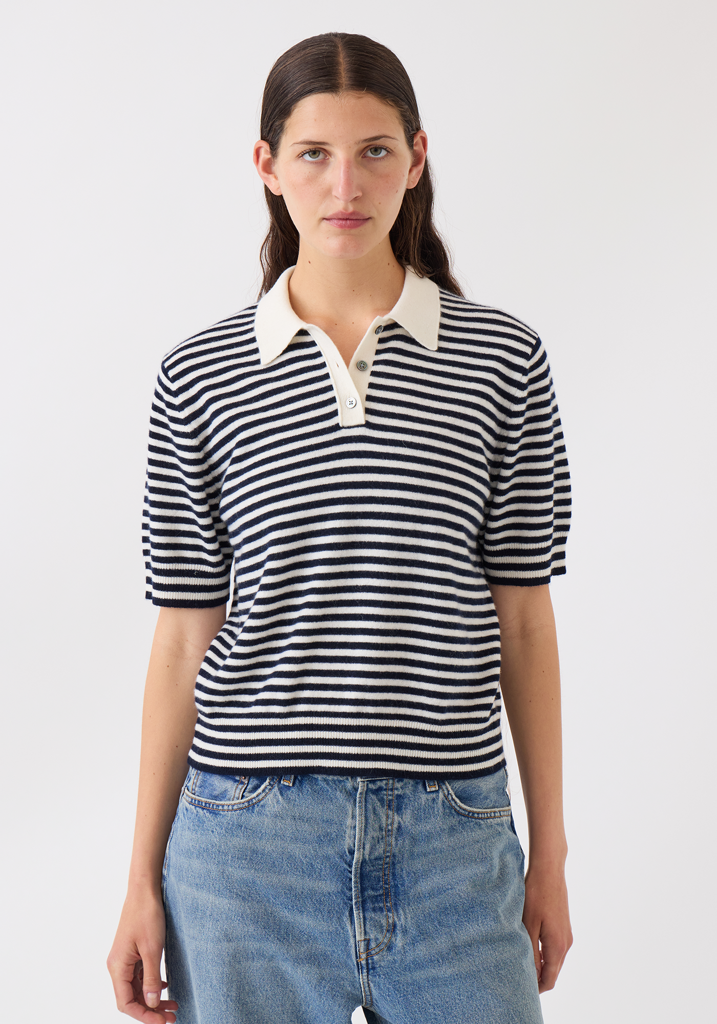 Amelia Stripe Cashmere Polo Top