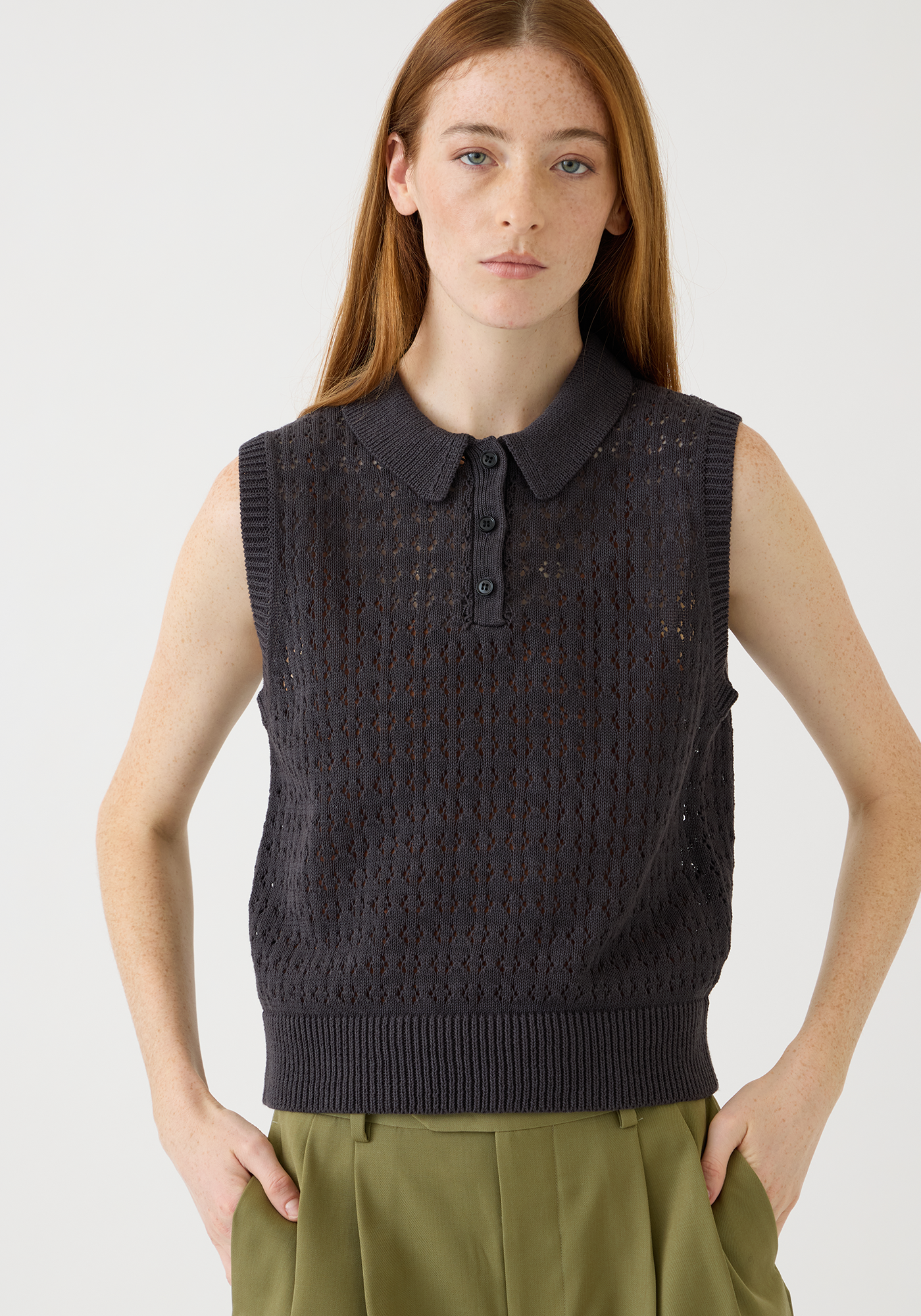 Cindy Crochet Cotton Linen Polo Top