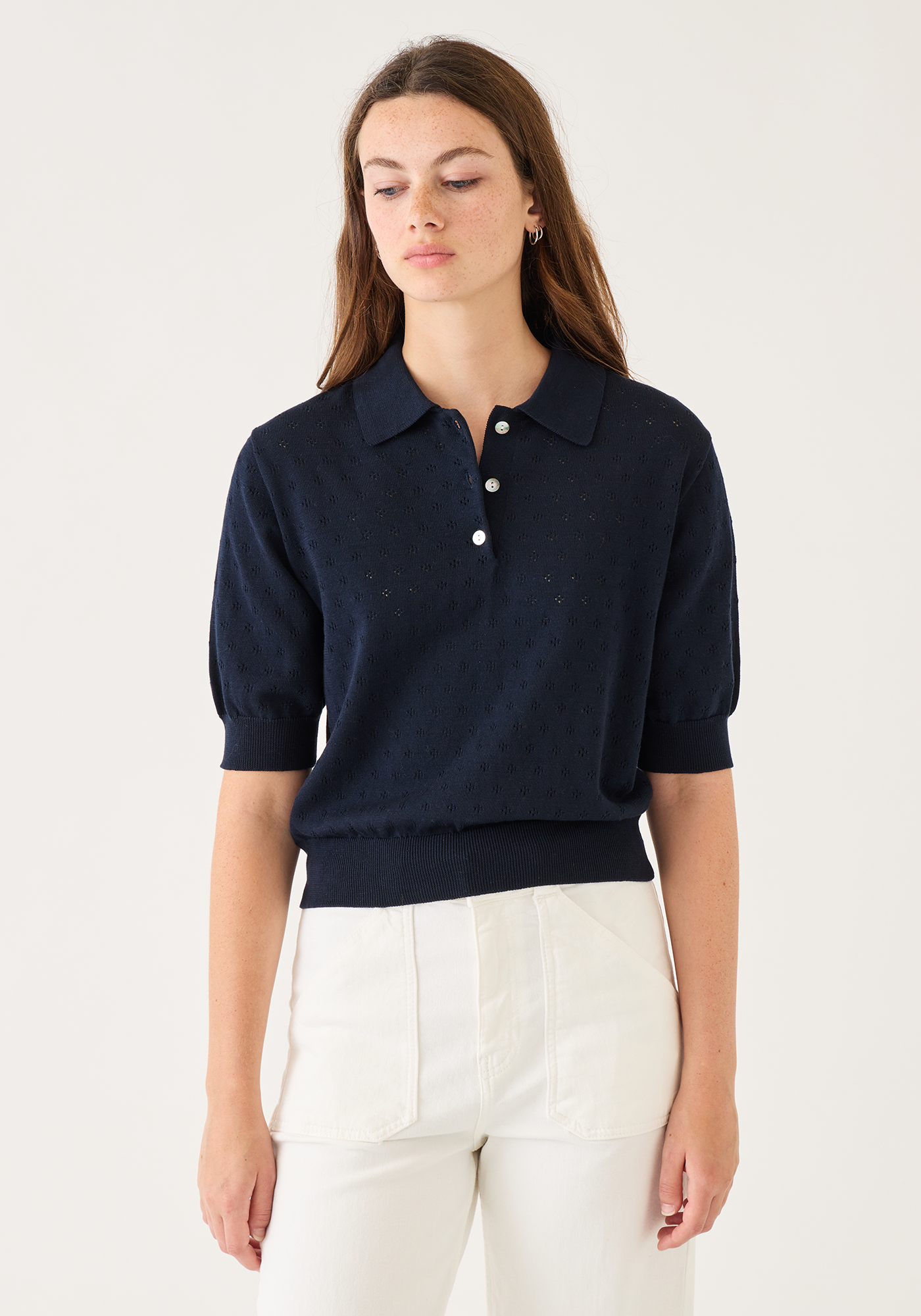 Logan Pointelle Cotton Polo Top
