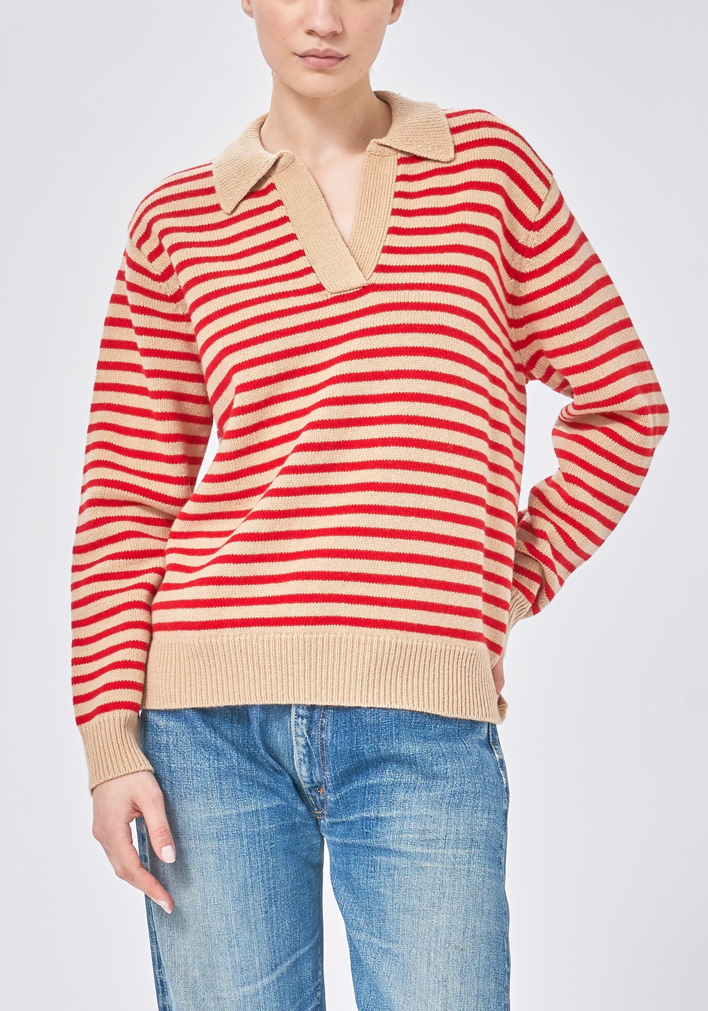 Lucian Stripe Sweater - Biscuit / Scarlet Red